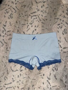 Light Blue Ribbed Womens boxer Boyshorts with Navy Lace Accent